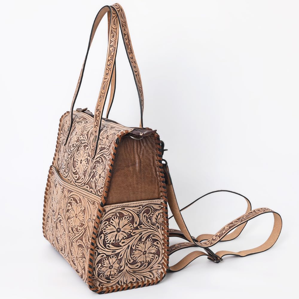 American Darling Hand-Tooled Floral Leather Backpack Tote for Women - Genuine Western Convertible Bag with Adjustable Straps and Dual Handles