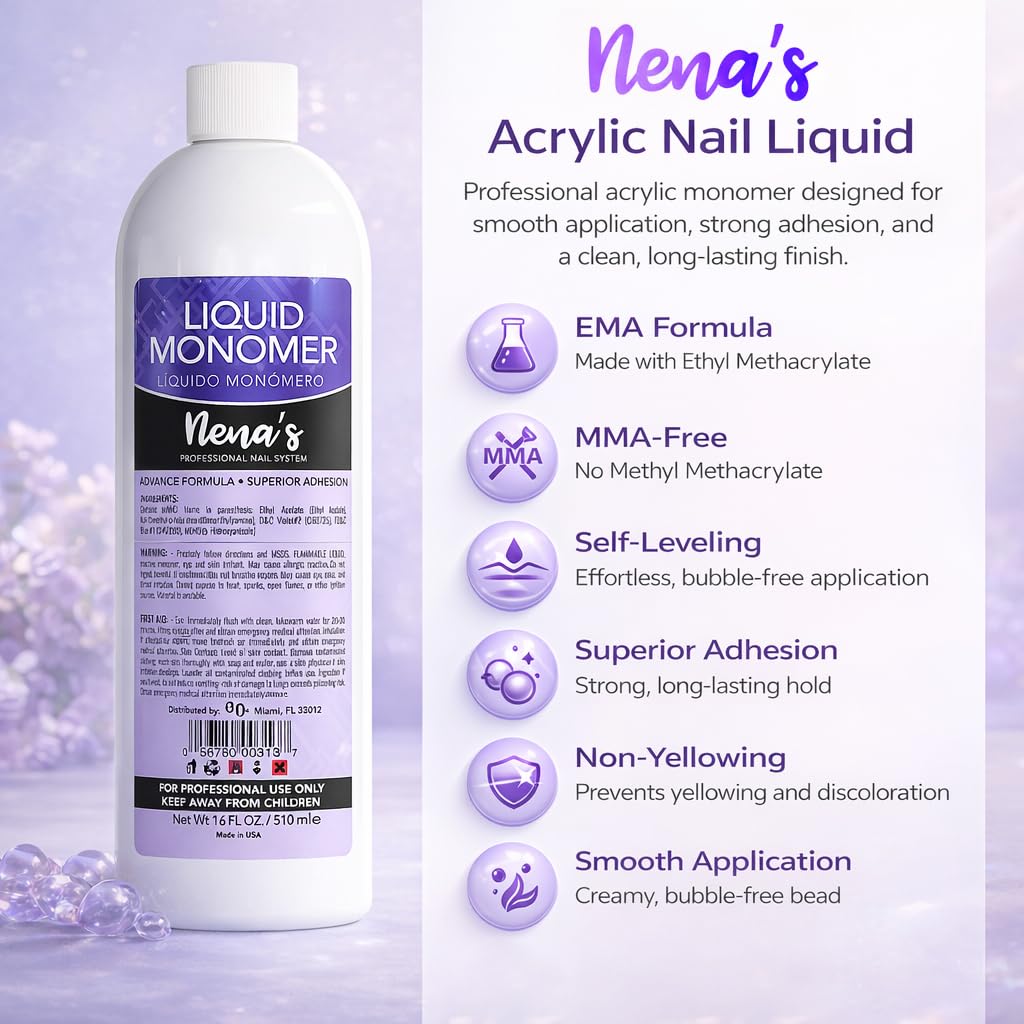 Professional Liquid Monomer by Nena's 16 fl oz, Advanced GlamourShield acrylic formula, no MMA, Non-Yellowing, Quick Dry, Strongest Adhesion, Acrylic Beauty & Personal Care Nena's