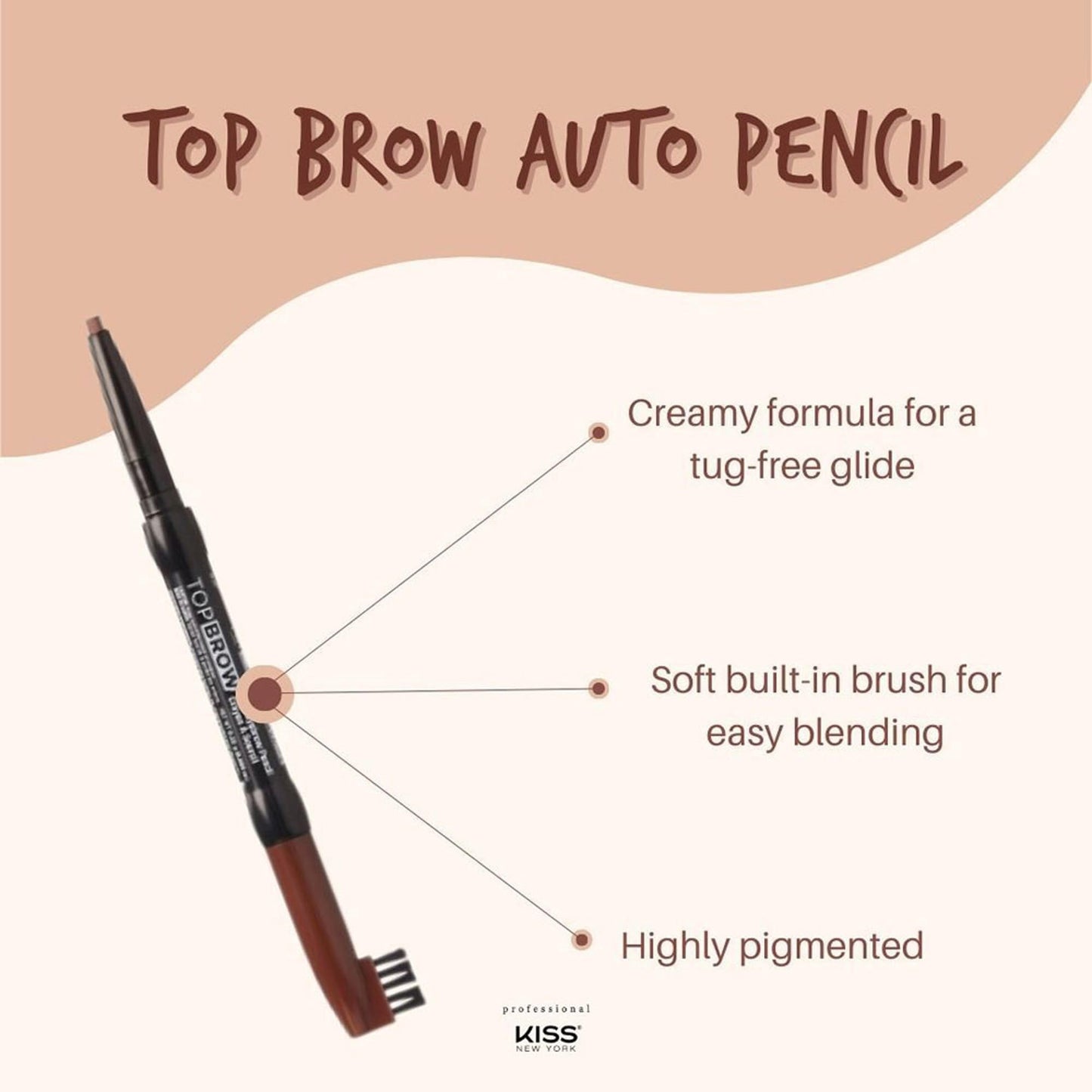 Kiss New York Professional Long-Lasting Eyebrow, Retractable Eyebrow Pencil, Rich Pigmentation, Coconut Oil Infused, Built-in Brush Brow, Sapes