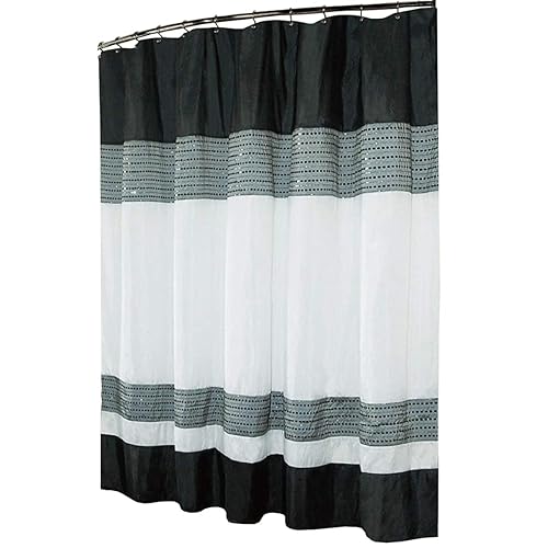 Kashi Home Shower Curtain Ibiza Fabric Luxury Shower Tub Curtain 70x72 Modern Black,White & Gray Block Design with Chic Sparkling Sequin Stripes…