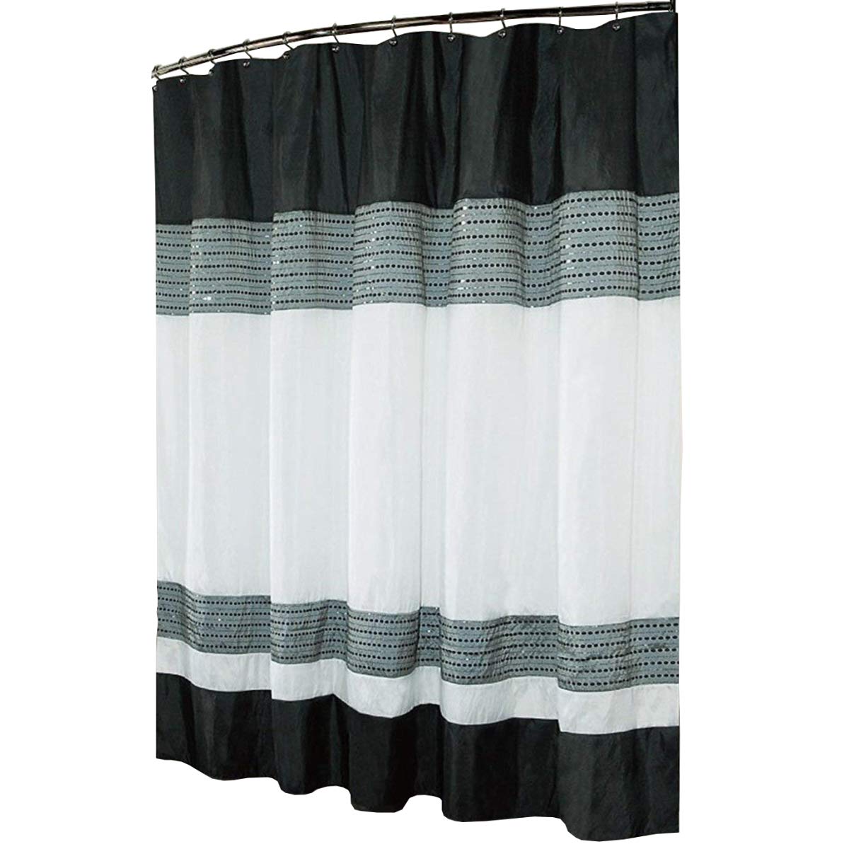 Kashi Home Shower Curtain Ibiza Fabric Luxury Shower Tub Curtain 70x72 Modern Black,White & Gray Block Design with Chic Sparkling Sequin Stripes…
