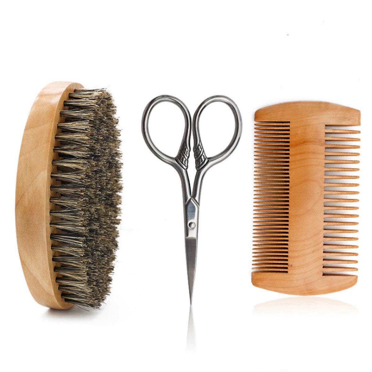 Hair Dough Beard Brush & Comb, Scissors Set for Men, Set Includes Soft Boar Bristle Brush, Bamboo Wide Tooth Comb, and Mustache Trimming Scissors