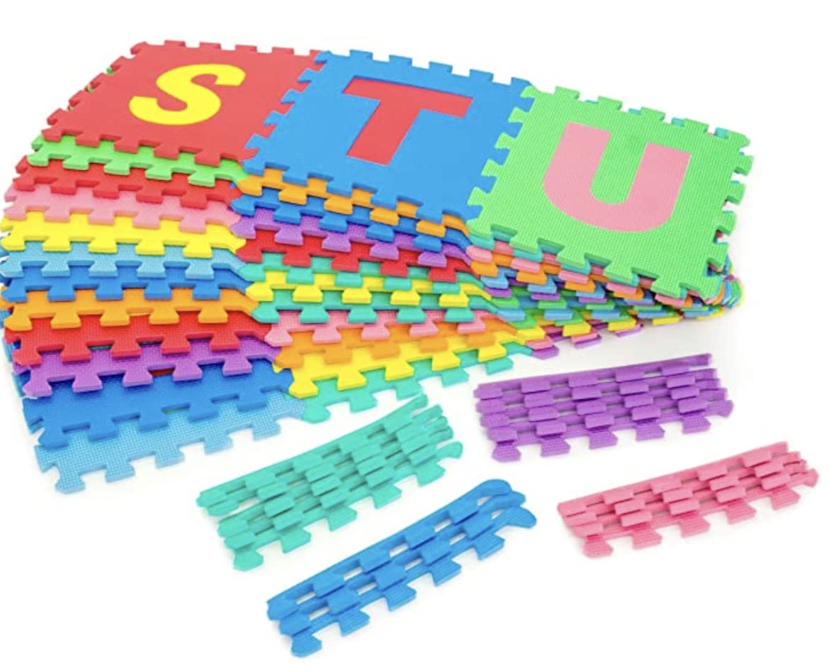 Little Fun Times Alphabet Play Mat – 60 PCS 12" EVA Foam Tiles, 71.5"x71.5" Interlocking Floor Puzzle with Letters, Numbers & Edges