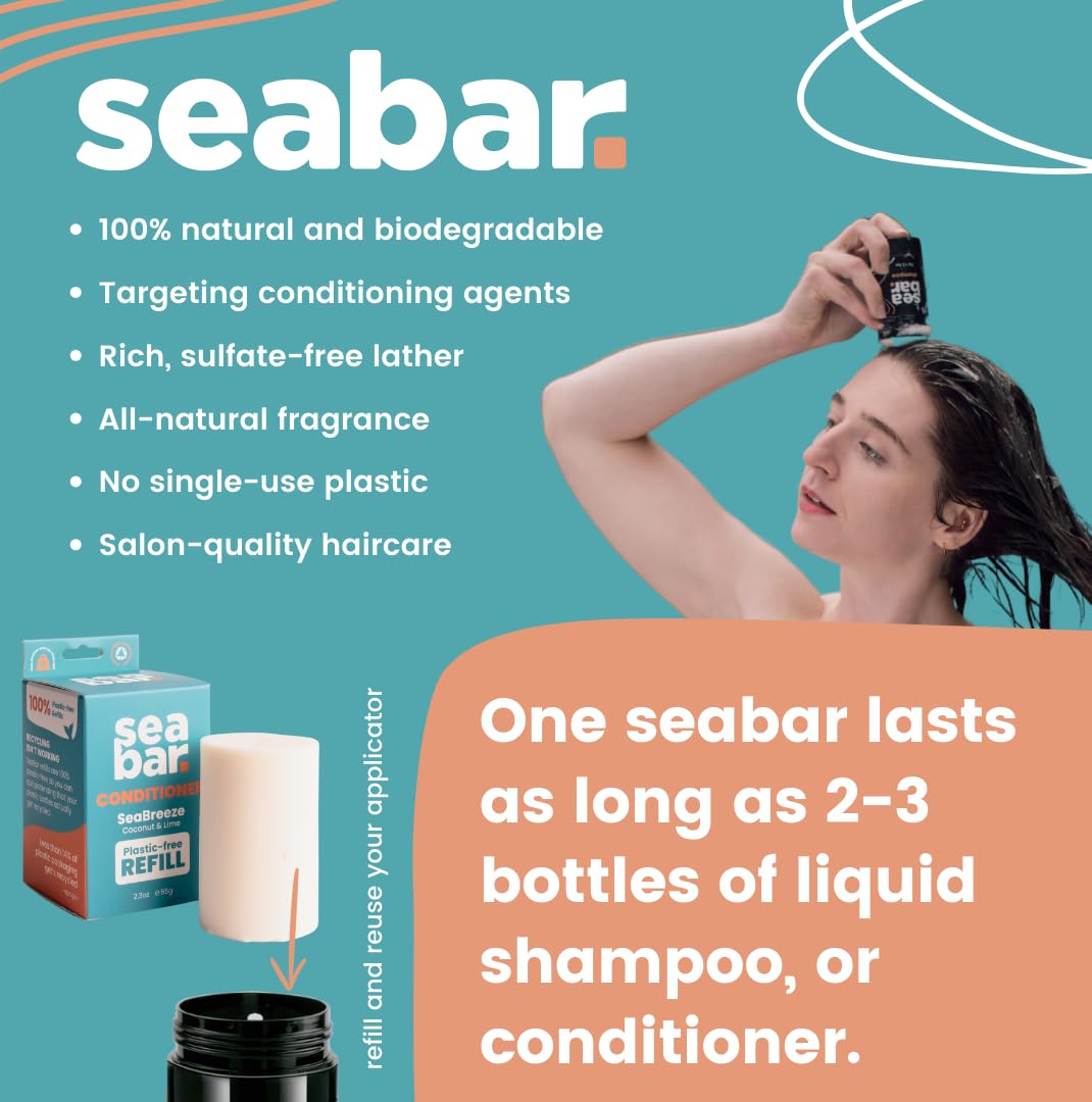 SeaBar Shampoo and Conditioner Bar Set with Refillable Applicator - Salon-Quality Cleanse & Condition - Volume & Soft, Manageable Lengths - Sulfate