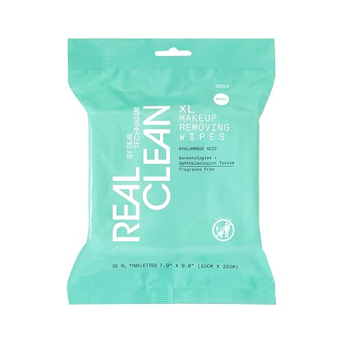 Real Techniques Real Clean XL Hydrating Facial Wipes, Infused With Hyaluronic Acid, Dual-Usage Cleansing Wipes Repair Skin & Gently Remove Makeup