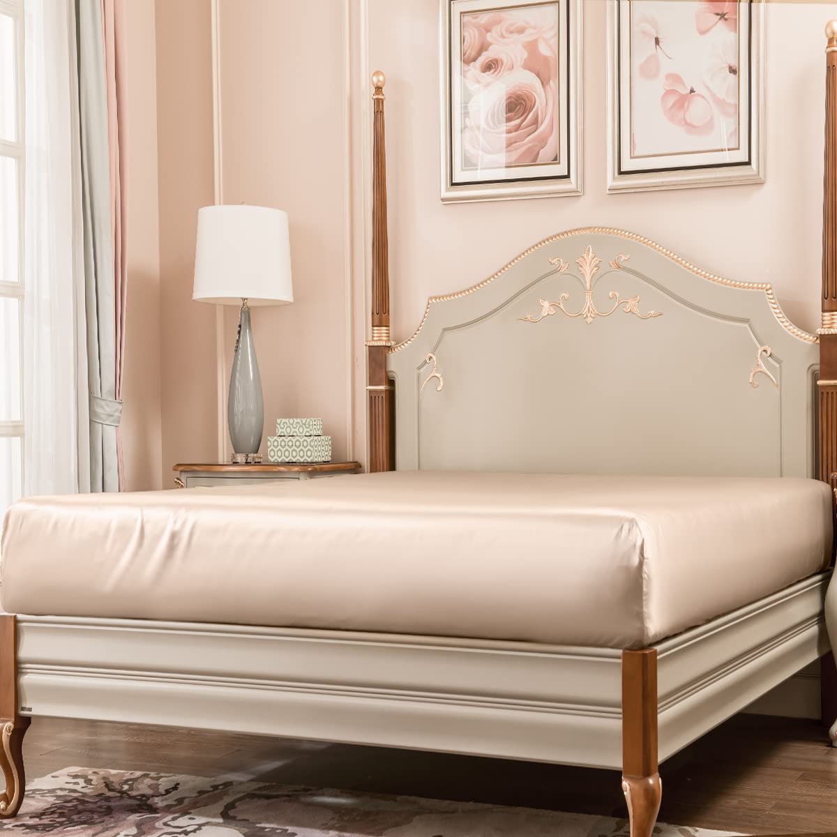 PROMEED 100% Mulberry Silk Queen Size Fitted Sheet ONLY, Premium 23 Momme Real Silk Bottom Bed Sheet 1pc with 16-Inch Deep Pocket (Champagne, Queen)