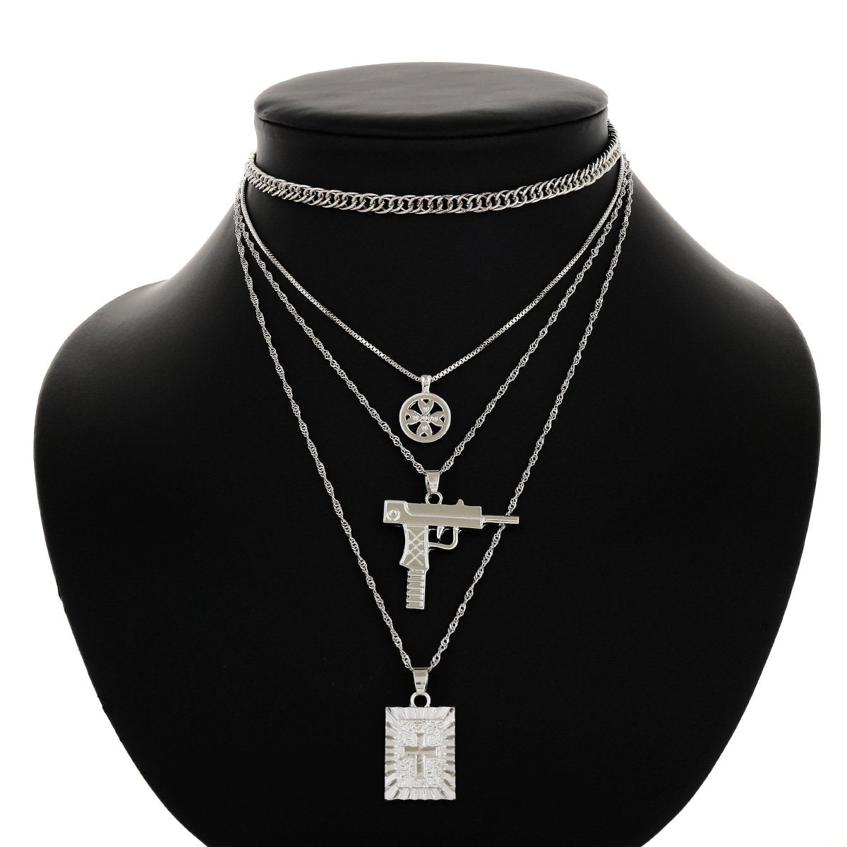 FXmimior Multilayer Necklace Silver Medal Pistol Charm Pendant Alloy Chic Necklace Gift for Her