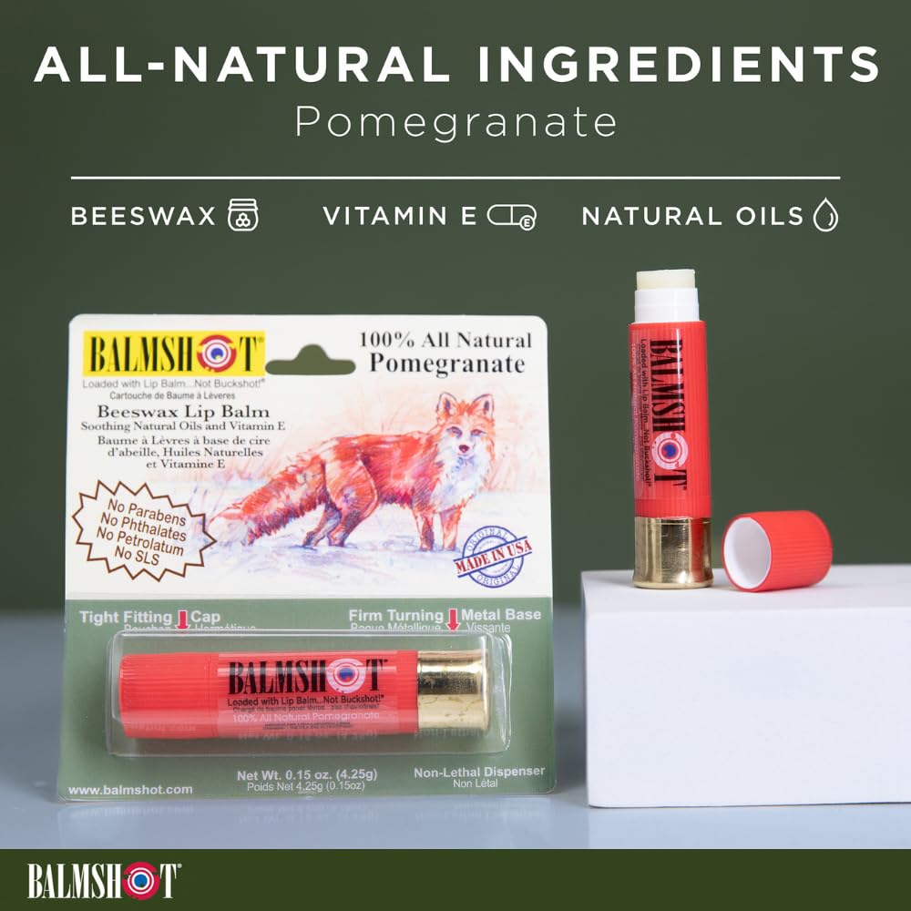 BALMSHOT Pomegranate Lip Balm SPF 15 - Natural Beeswax Chapstick, Moisturizing Lip Protector for Very Dry Lips, 20-Gauge Brass Shotgun Shell Case Beauty and Personal Care Balmshot