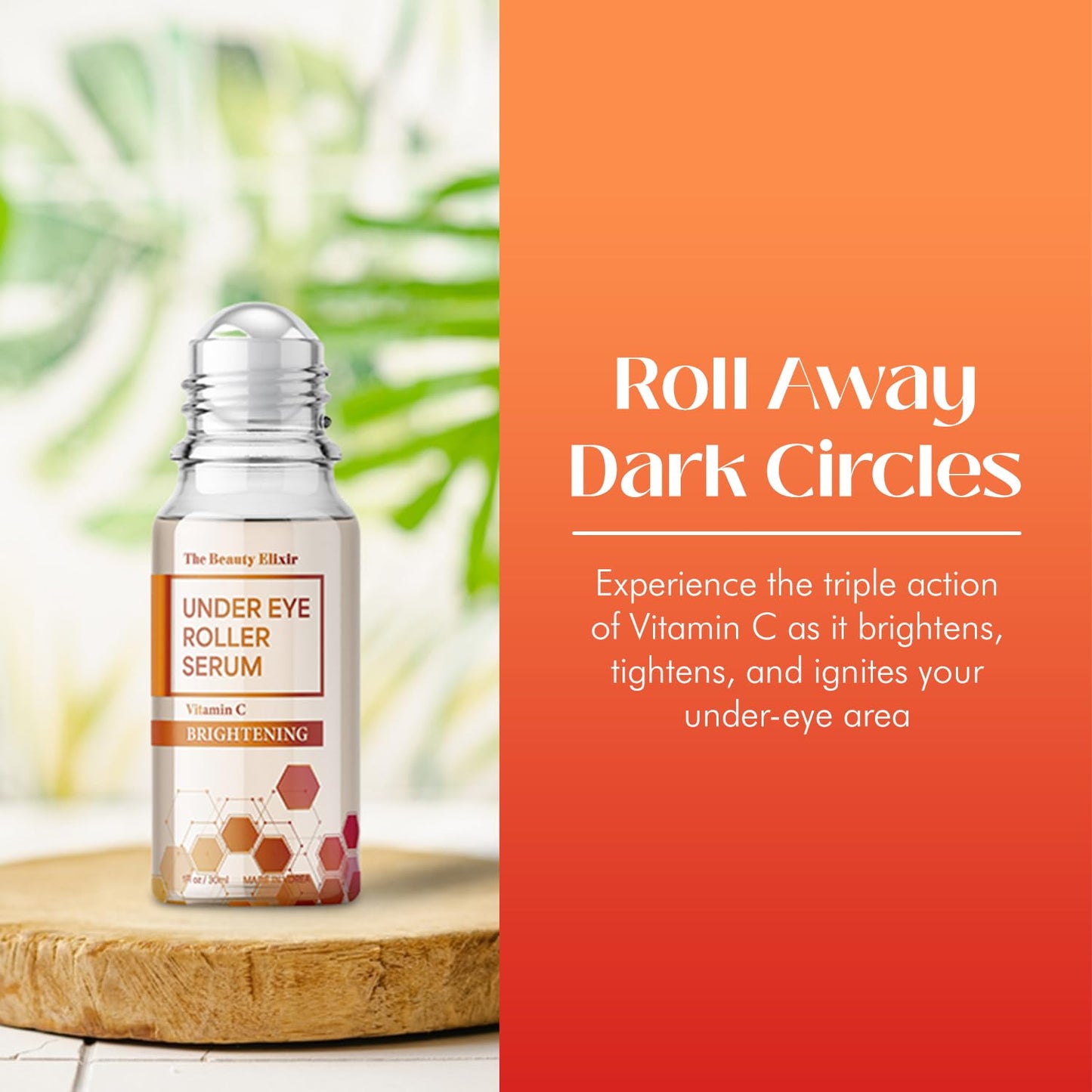 The Beauty Elixir Vitamin C Eye Roller For Puffy Eyes & Dark Circles - Dermatologist Tested, Brightens Under Eyes & Crow's Feet Treatment, Natural