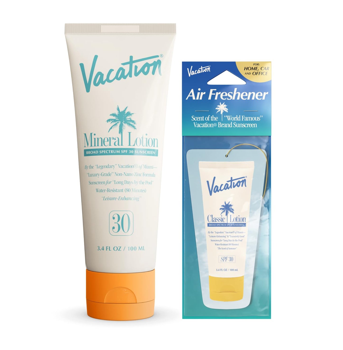 Vacation Mineral Lotion Sunscreen SPF 30 & Air Freshener Bundle, Non-Nano Zinc Oxide Formula, No White Cast, Water-Resistant, Dermatologist-Tested