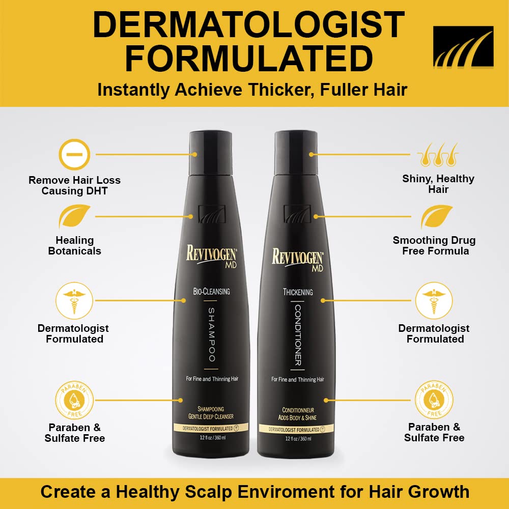 Revivogen MD Bio Cleansing Shampoo & Thickening Conditioner Duo Set for fine, thinning hair create volume, cleanse DHT, nourish scalp for healthier