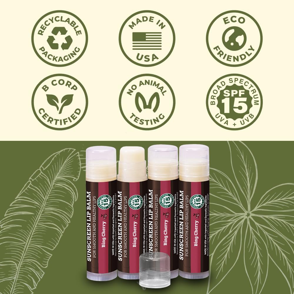 Earth's Daughter SPF Lip Balm Cherry Flavor 4-Pack Stocking Stuffers - Lip Sunscreen, SPF 15, Organic Ingredients, Beeswax, Coconut Oil, Vitamin E