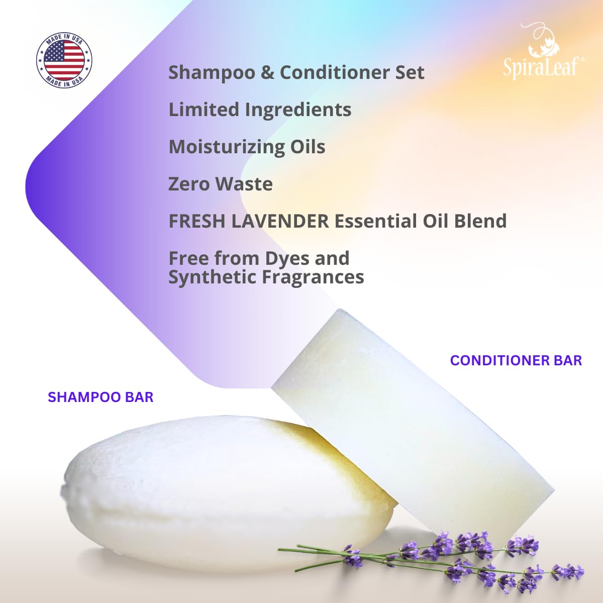 SPIRALEAF Solid Shampoo Bar & Conditioner Bar Set, FRESH LAVENDER Essential Oil Blend, Limited Ingredients, Concentrated Formula, Fragrance-Free