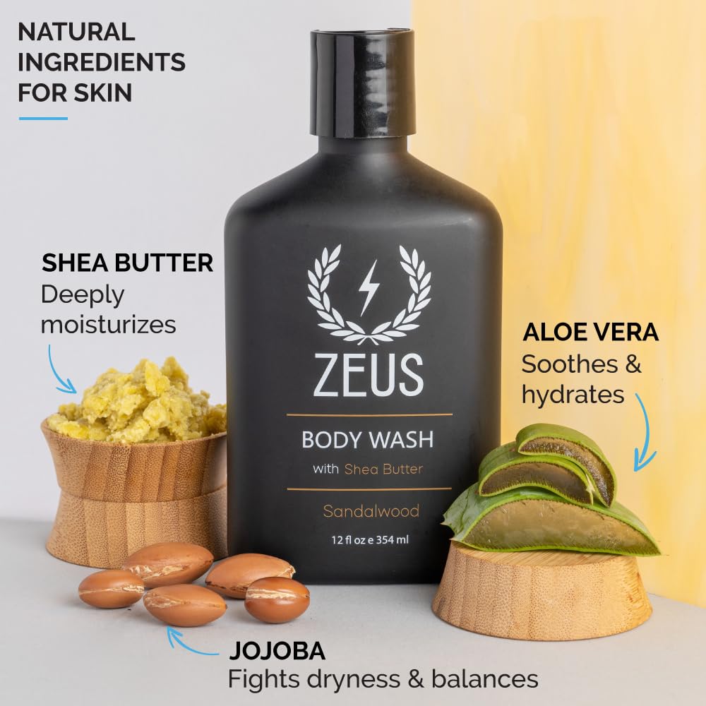 ZEUS Men's Natural Body Wash, Hydrating Shower Gel with Sandalwood Oil, Aloe Vera, Shea Butter & Invigorating Essential Oils for Skin Revitalization