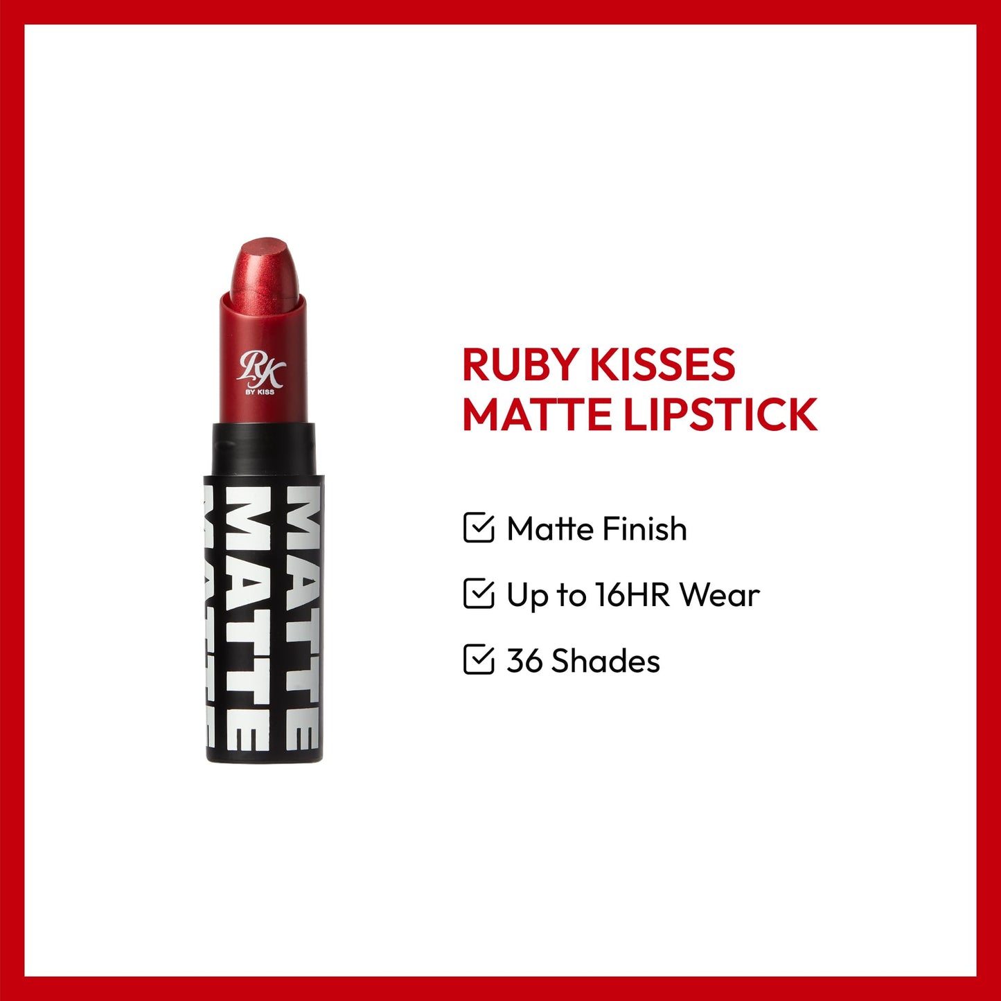 Ruby Kisses Lipstick, Matte Finish, Long-Lasting, Highly Pigmented, Smooth Apply, Full Coverage Lip Color Makeup (Metallic Red)