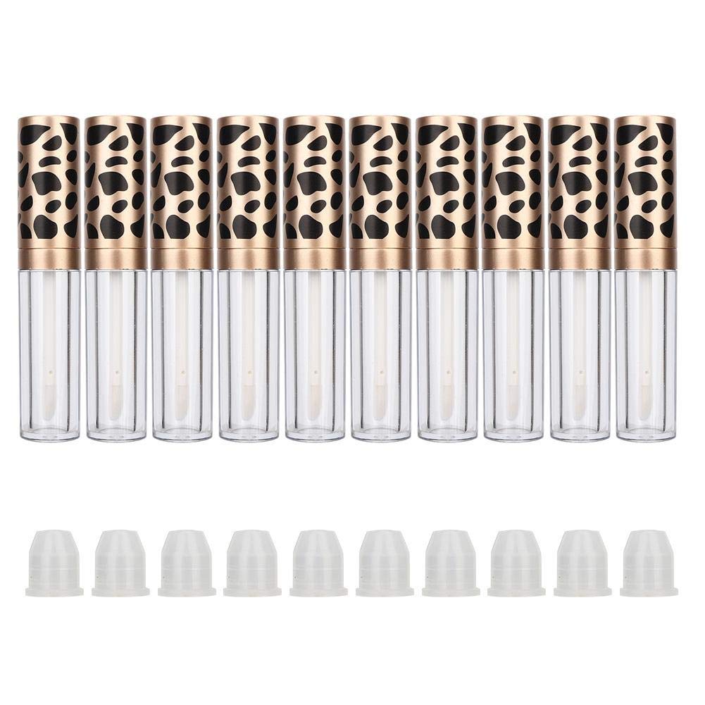 Qiterr 10PCS Empty Lip Gloss Tubes with Wand, Refillable Lip Gloss Containers, DIY Empty Lip Balm Tubes, Makeup Tool (5ML/PC Leopard Print Gold Ring)