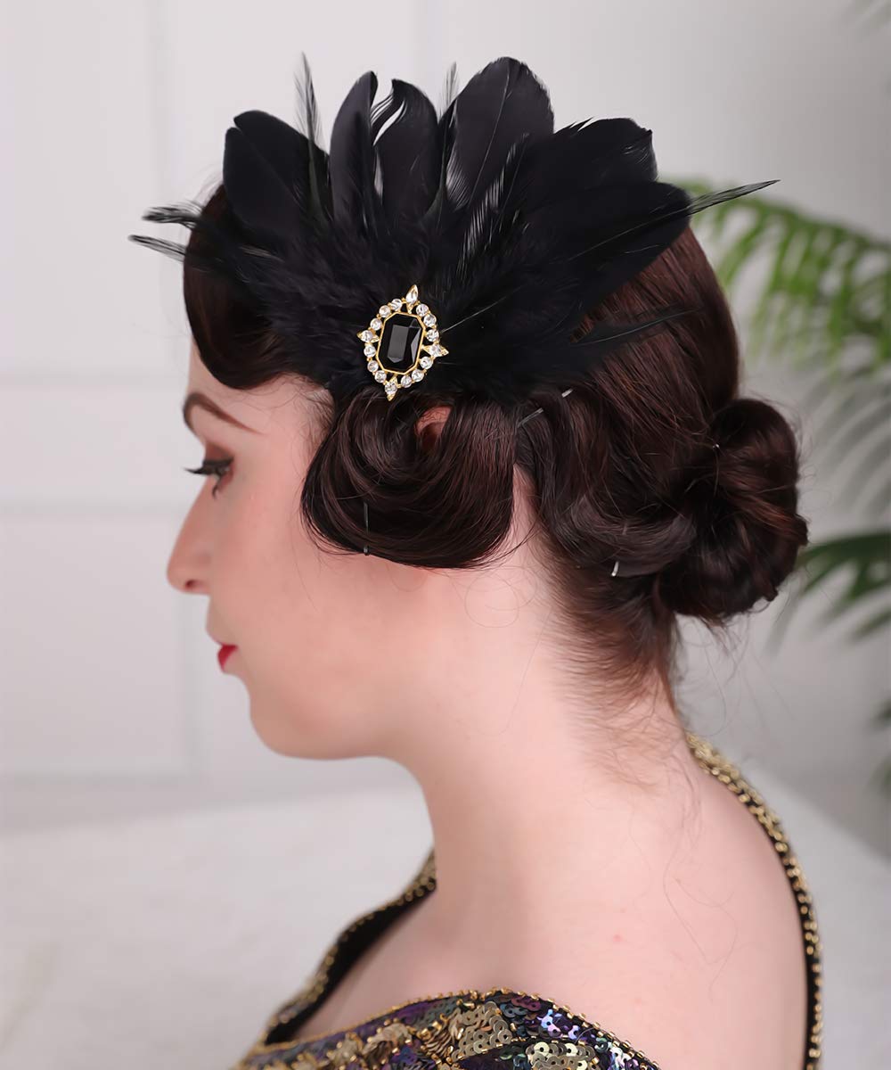 Aimimier 1920s Flapper Black Feather Headpiece Crystal Roaring 20s Feather Hair Clip Masquerade Hair Accessory for Women