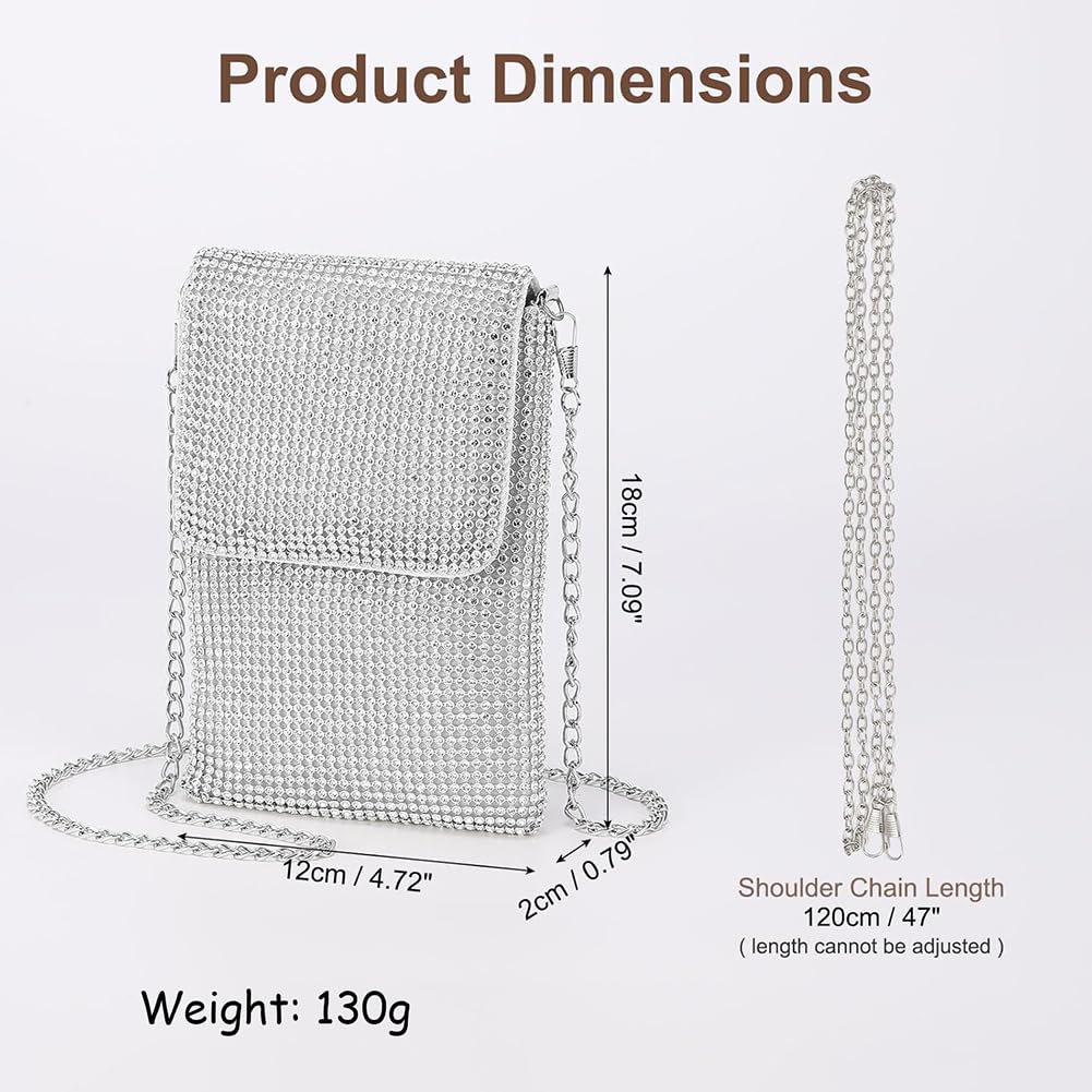 KDUPUP Rhinestone Crossbody Cell Phone Purse Wallet Clutch Glitter Crystal Evening Handbags Bling Shoulder Strap Smart Phone Bag (Silver)