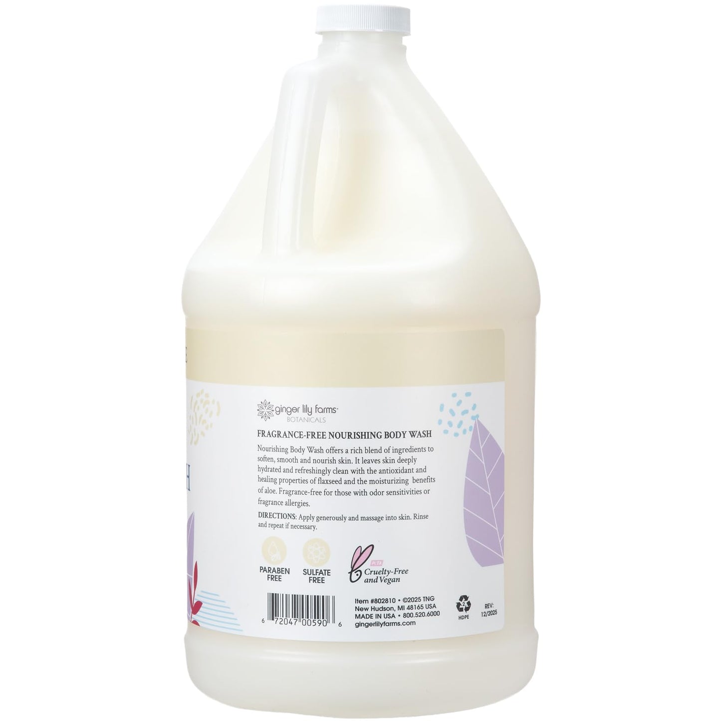 Ginger Lily Farms Botanicals Nourishing Body Wash, 100% Vegan & Cruelty-Free, Fragrance Free, 1 Gallon (128 fl oz) Refill