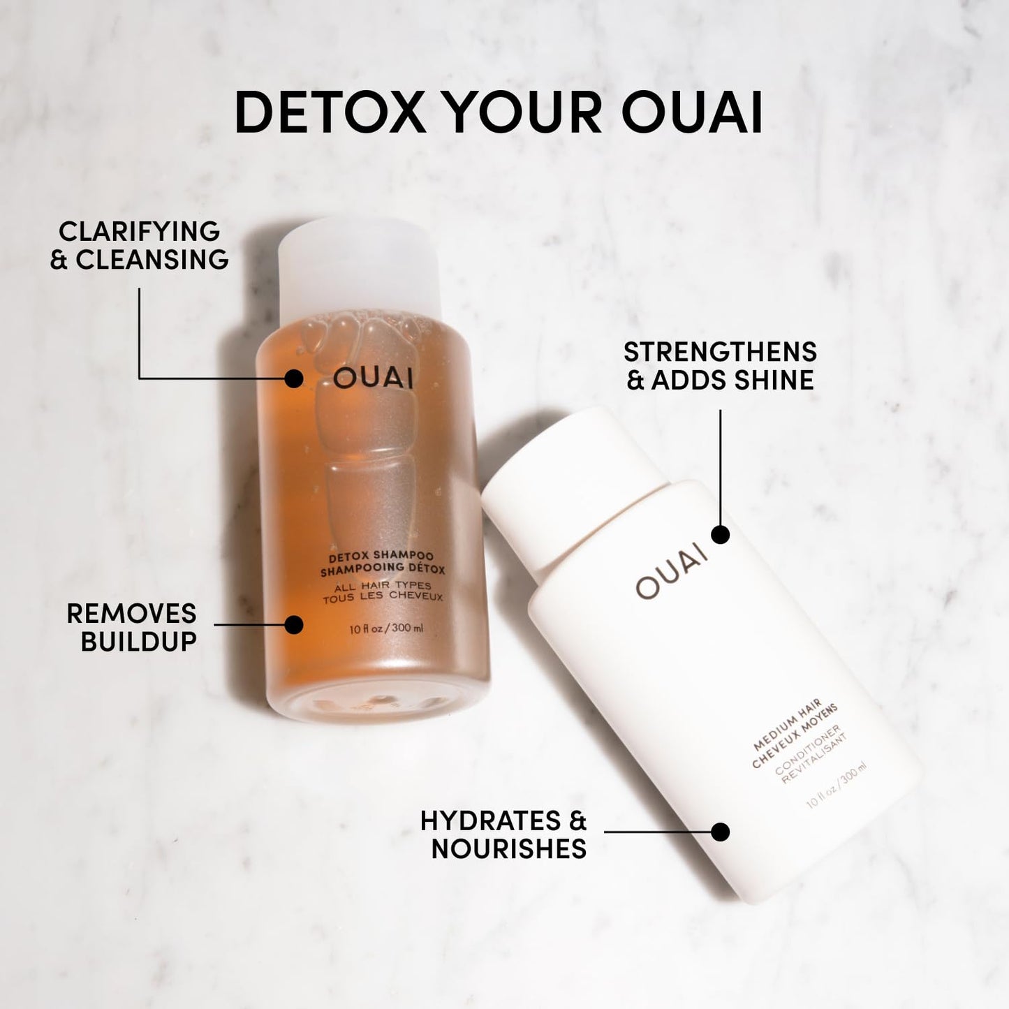 OUAI Detox Shampoo & Medium Hair Conditioner Bundle - Clarifying Shampoo for Build Up, Dirt, Oil, Product and Hard Water & Hydrating Conditioner