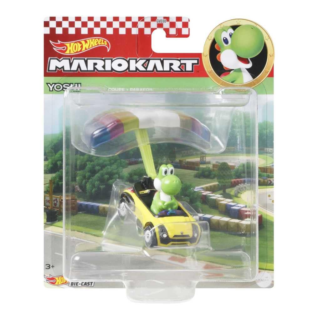 Hot Wheels 1:64 Mario Kart - Yoshi in Standard Kart with Parafoil Die Cast