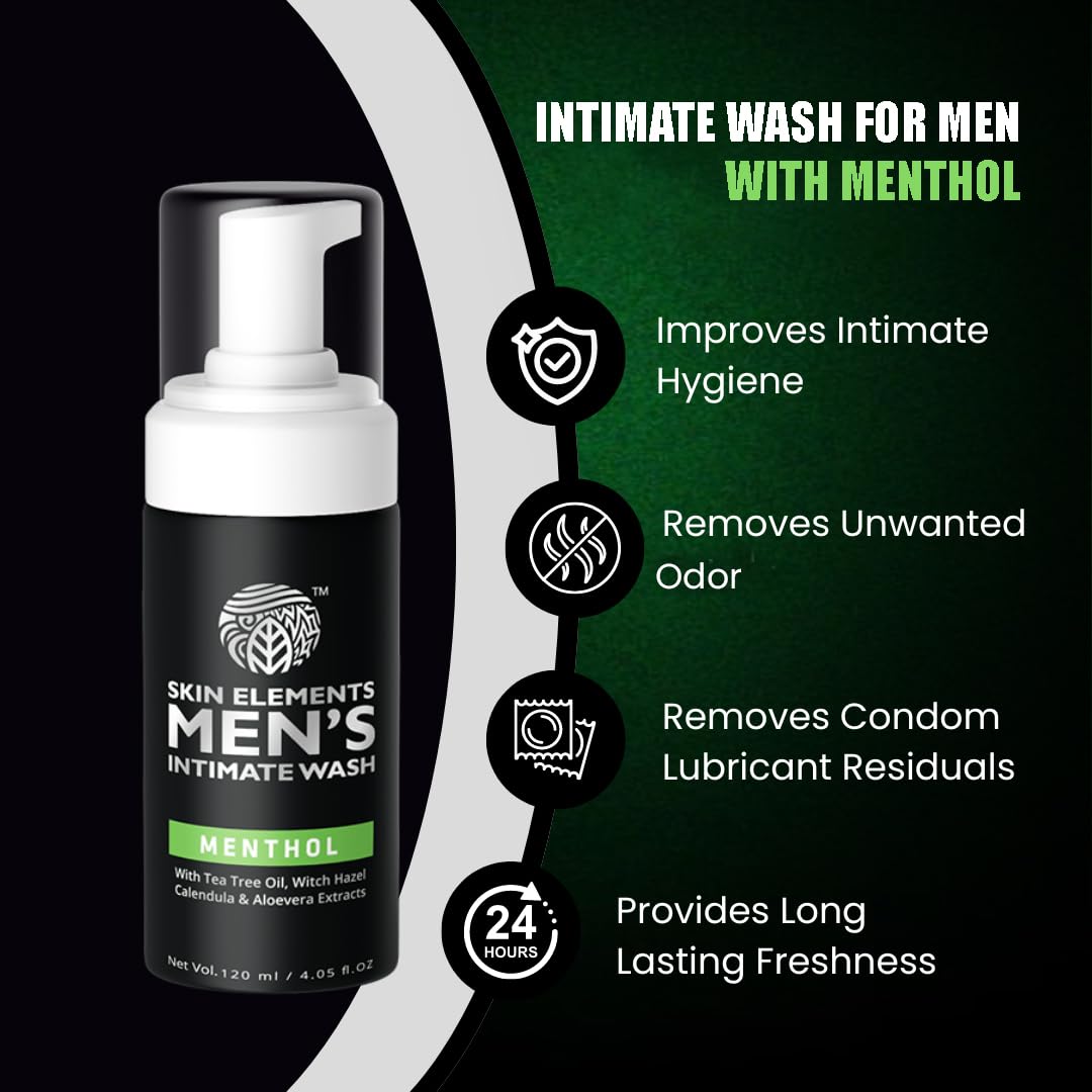 Skin Elements Intimate Wash for Men with Menthol | pH Balanced Foaming Intimate Wash | Jabon Intimo Hombre | Controls Bad Odor and Sweat | Cools