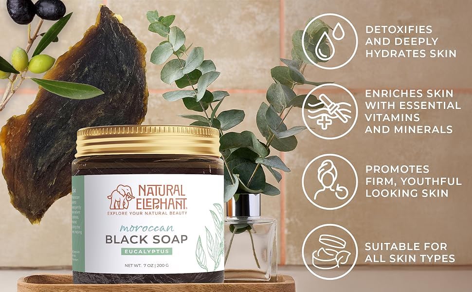 Natural Elephant Moroccan Black Soap 7oz Traditional Hammam Beldi Soap 100% Natural for exfoliating and cleansing (Rosemary Essential Oil and Ghassoul Beauty & Personal Care Natural Elephant