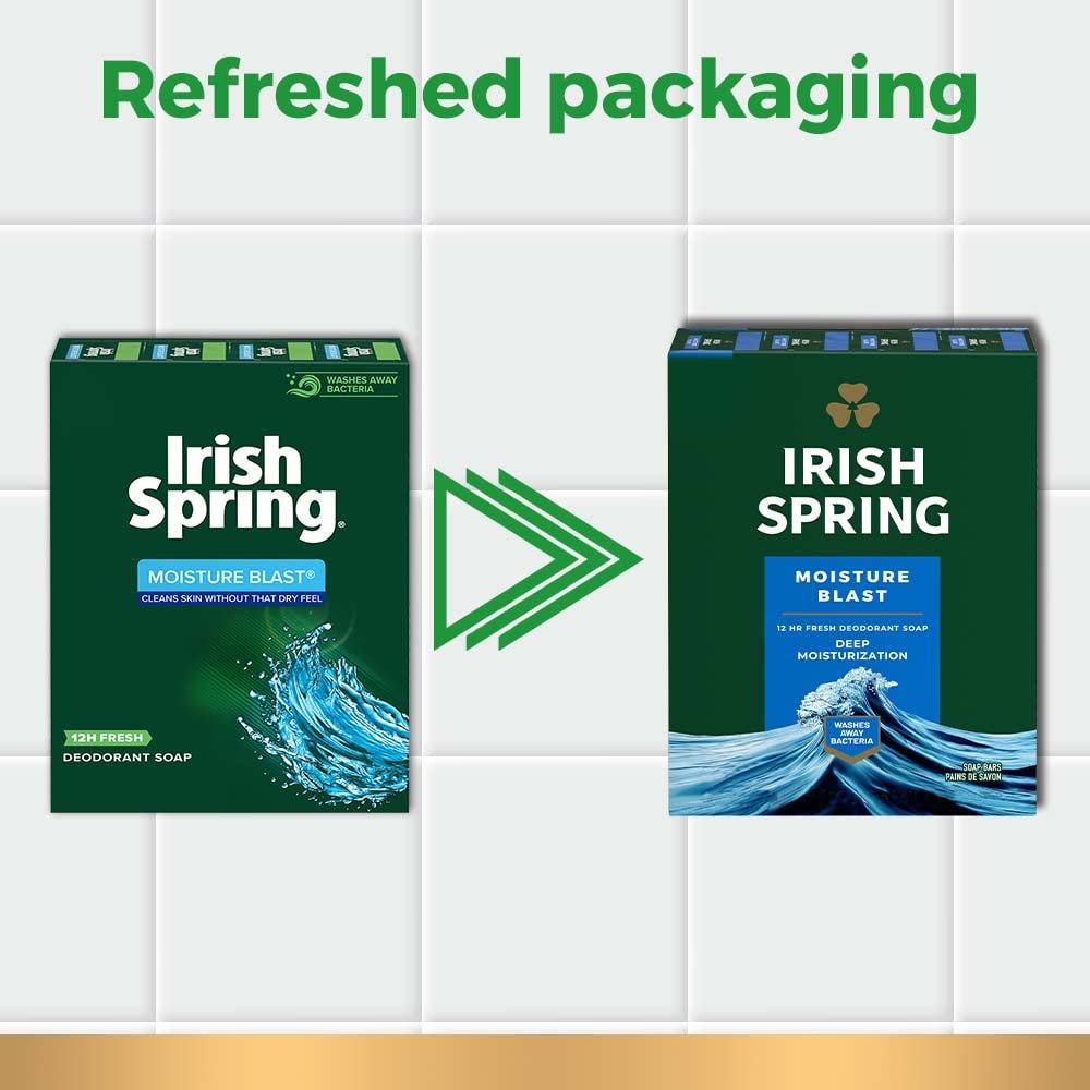 Irish Spring Deodorant Bar Soap Moisture Blast with HydroBeads 3.75Oz Pack of 2