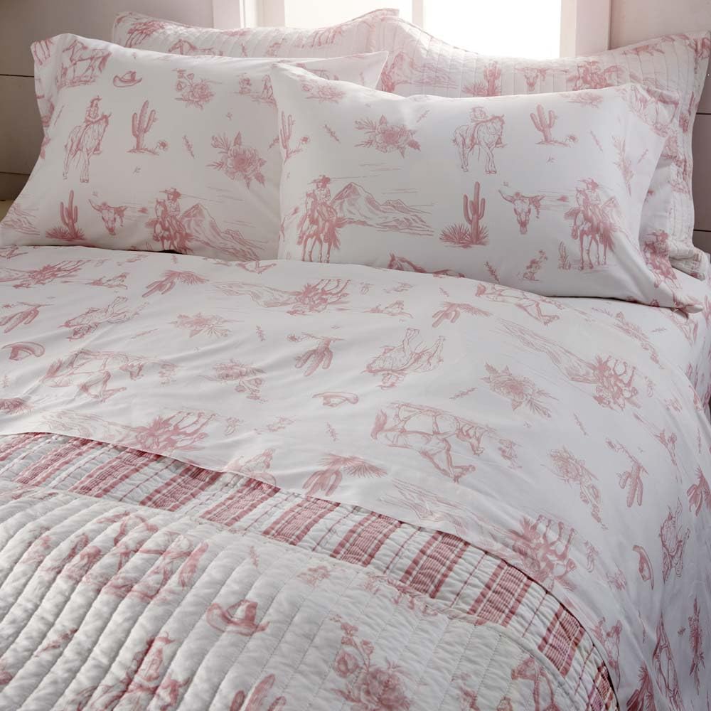 Rod's Dusty Rose Pink Cowgirl Toile-(Sheet Set)-4 Piece King Sheet Set-Pink and White-Top Sheet (112x102in)-Fitted Sheet (78x80x15in) Two Pillow Cases