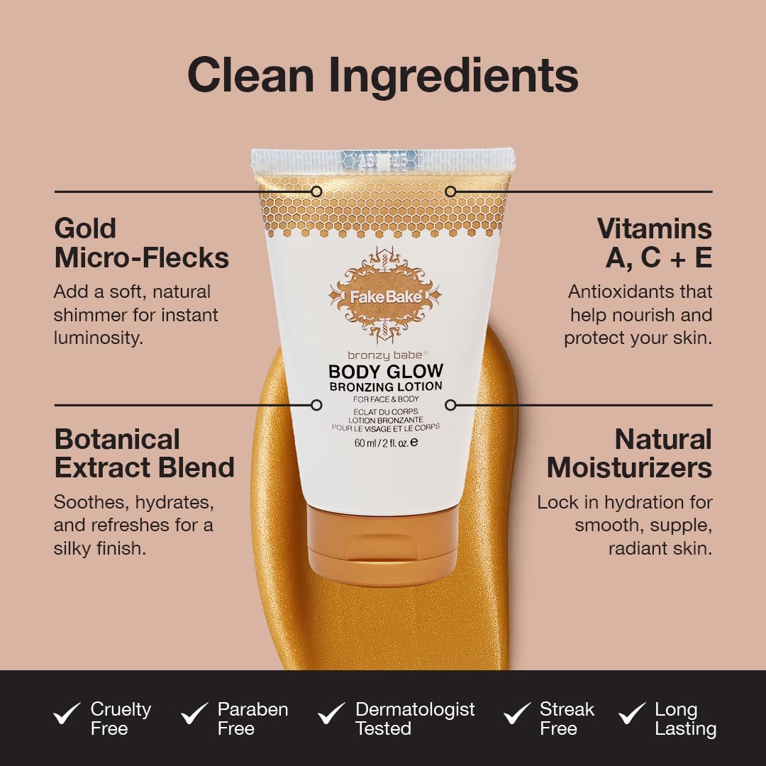 Fake Bake Bronzy Babe Body Glow Face & Body Tinted Moisturizer Lotion, Highlighter, Makeup & Moisturizing Skincare Healthy Color Boost from Plants