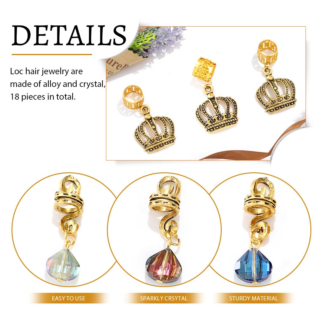 Formery Crystals Loc Jewelry for Hair Gold Crown Coiling African Dreadlock Cuff Accessories Spiral Braid Jewels for Black Women (18PCS)