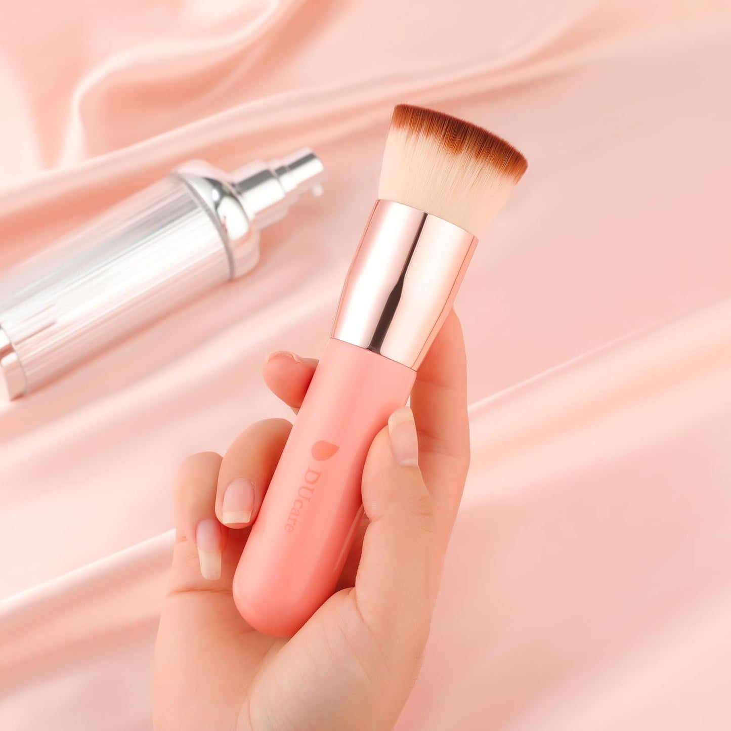 DUcare Flat Top Kabuki Foundation Brush - Premium Makeup Brush for Liquid, Cream, and Powder - Buffing, Blending, and Face,Pink
