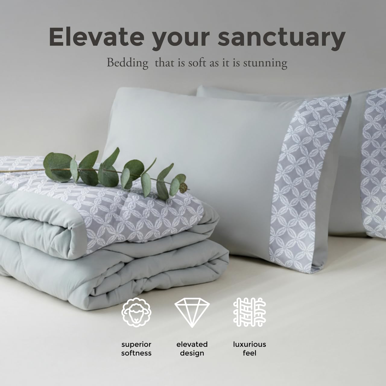 Mon Chateau Whisper Sheet Set, 4-Piece Soft Microfiber Diamond Pattern with Printed Trim for Queen Size Beds, Includes Fitted Sheet, Flat Sheet & 2