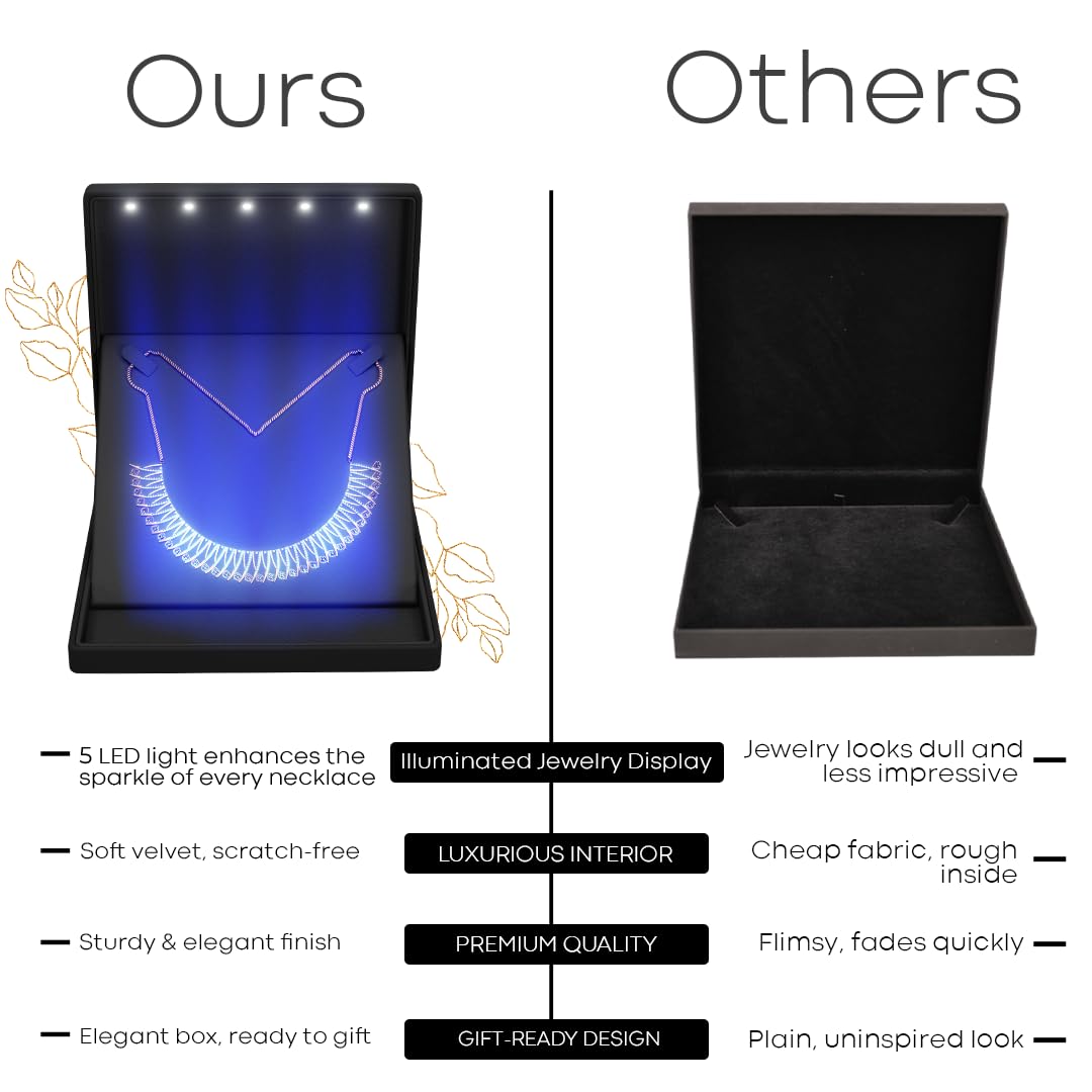 YJCBOX Elegant LED Light Necklace Box - Luxury Gift Holder for Jewelry, Weddings, Anniversaries, and Storage (Black)