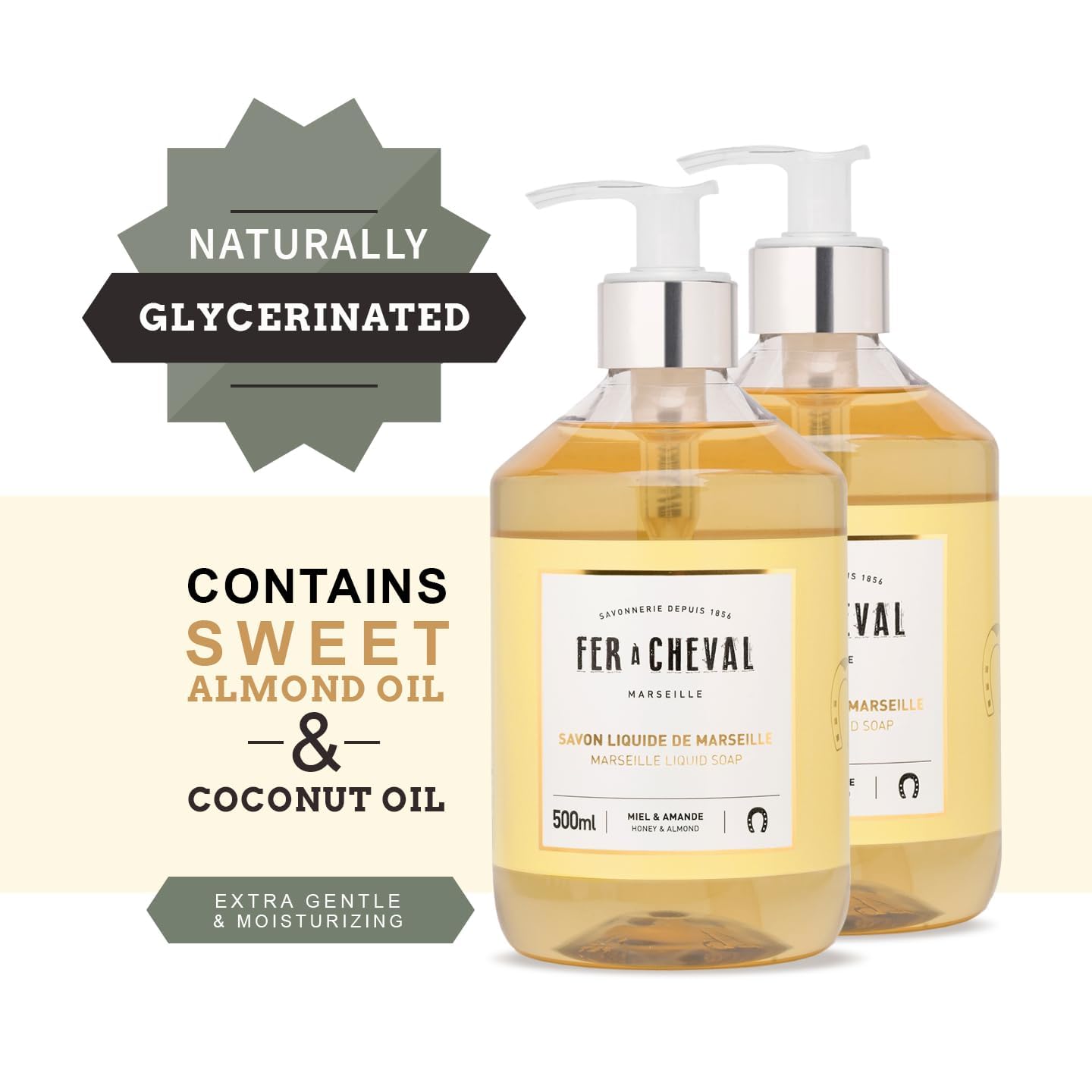 Fer à Cheval Honey & Almond Nourishing Liquid Soap - Natural Almond & Coconut Oil Blend, Ultra Gentle & Moisturizing, Eco-Conscious - Set of 2, 500ml