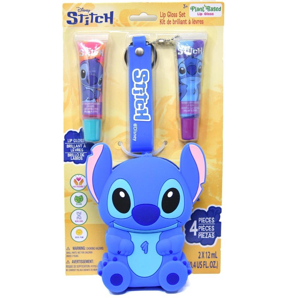 Disney Stitch Lip Gloss Set with Lanyard Keychain Bag, 4 Pieces, Cotton Candy and Watermelon