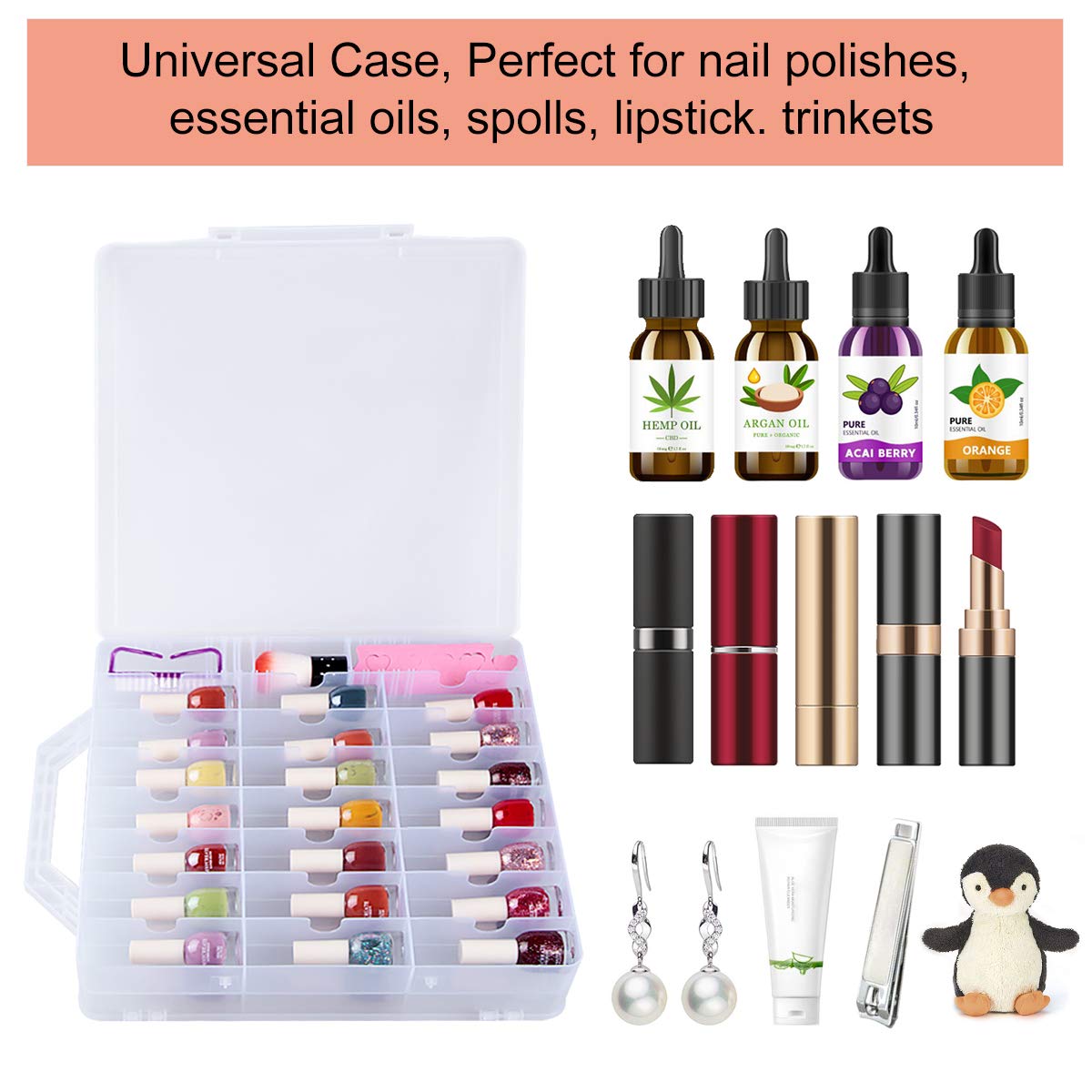 SUBAY Portable Nail Polish Organizer, Clear Double Side Nail Polish Holder,Gel Nail Storage for 48 Bottles with 6 Adjustable Dividers in Each Side