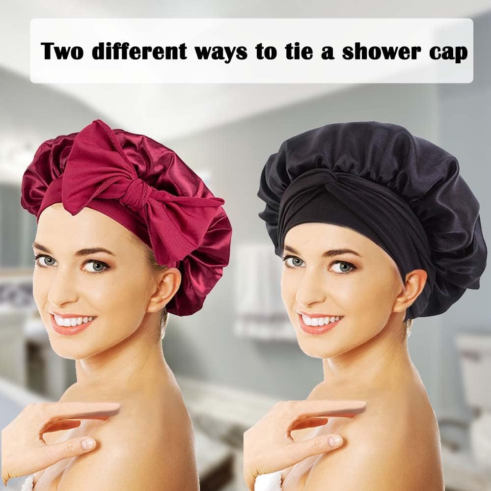 WUBAYI 2PCS Satin Sleep Cap, Silk Bonnet Hair Wrap for Sleeping, Hair Bonnet for Bath, Tie Band for Women Long Curly Braid Hair (Black, Red)