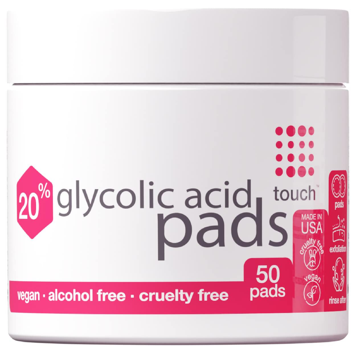 TOUCH 20% Glycolic Acid Pads Exfoliating And Resurfacing AHA Peel Face Wipes - Great for Dullness, Pores, Scars, Fine Wrinkles, Uneven Skin Tone