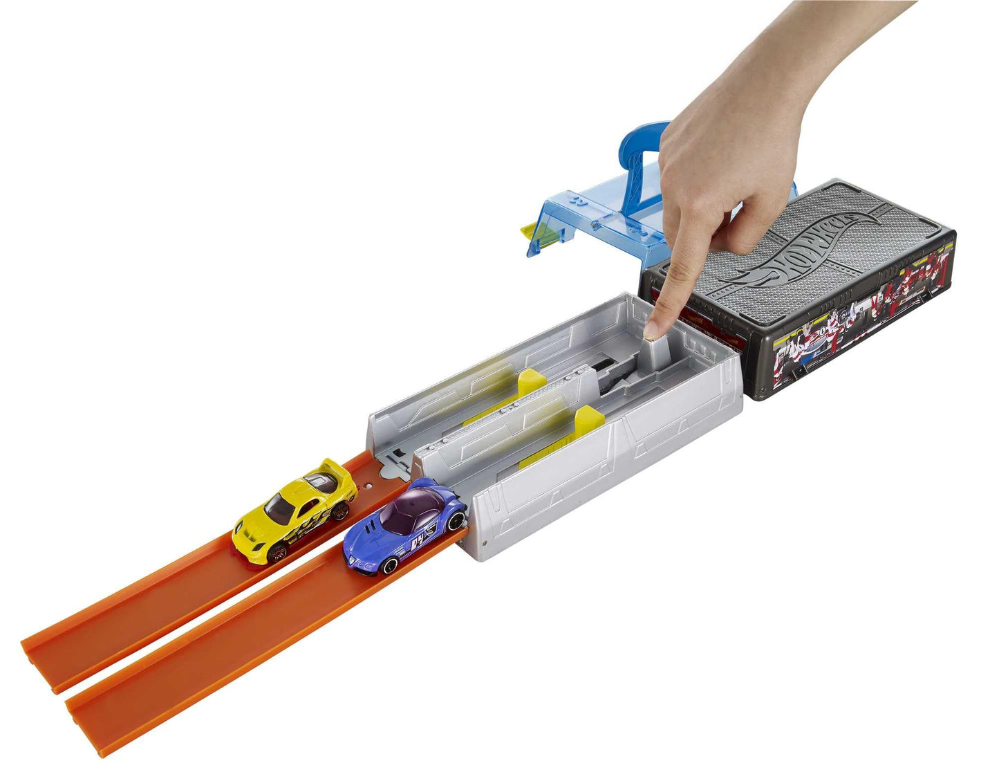 Hot Wheels Toy Cars & Track Set, Race Case Playset with 2 Vehicles in 1:64 Scale, Dual Launcher for Side-By-Side Racing & Portable Storage Container