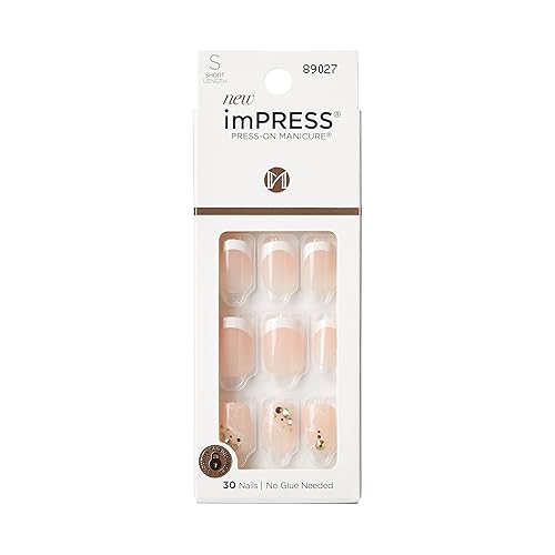 KISS imPRESS No Glue Mani Press On Nails, Design, 'My Worth', White, Short Size, Squoval Shape, Includes 30 Nails, Prep Pad, Instructions Sheet, 1