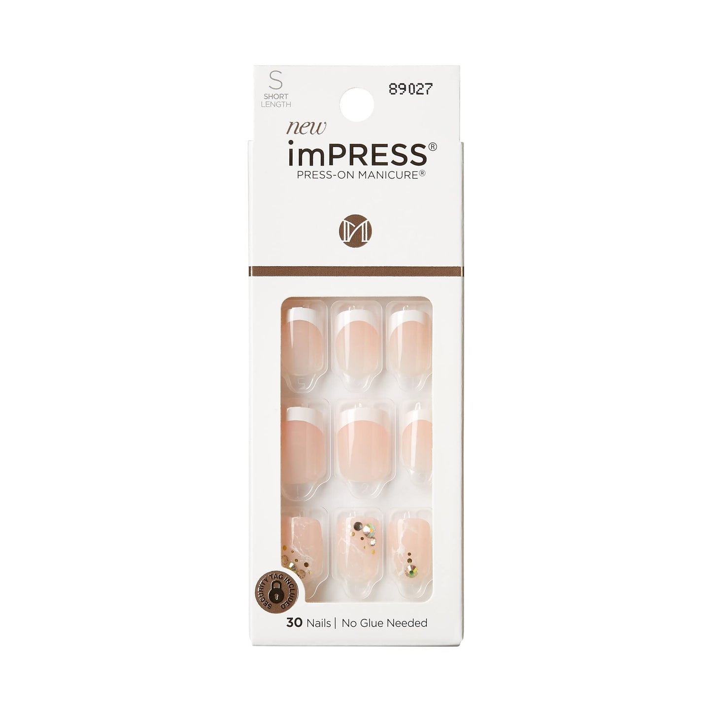 KISS imPRESS No Glue Mani Press On Nails, Design, 'My Worth', White, Short Size, Squoval Shape, Includes 30 Nails, Prep Pad, Instructions Sheet, 1