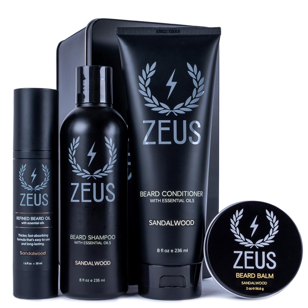 ZEUS Everyday Beard Care Kit for Men, Beard Shampoo, Conditioner, Refined Oil & Styling Balm, Softens, Hydrates, Tames & Strengthens (Made in USA)