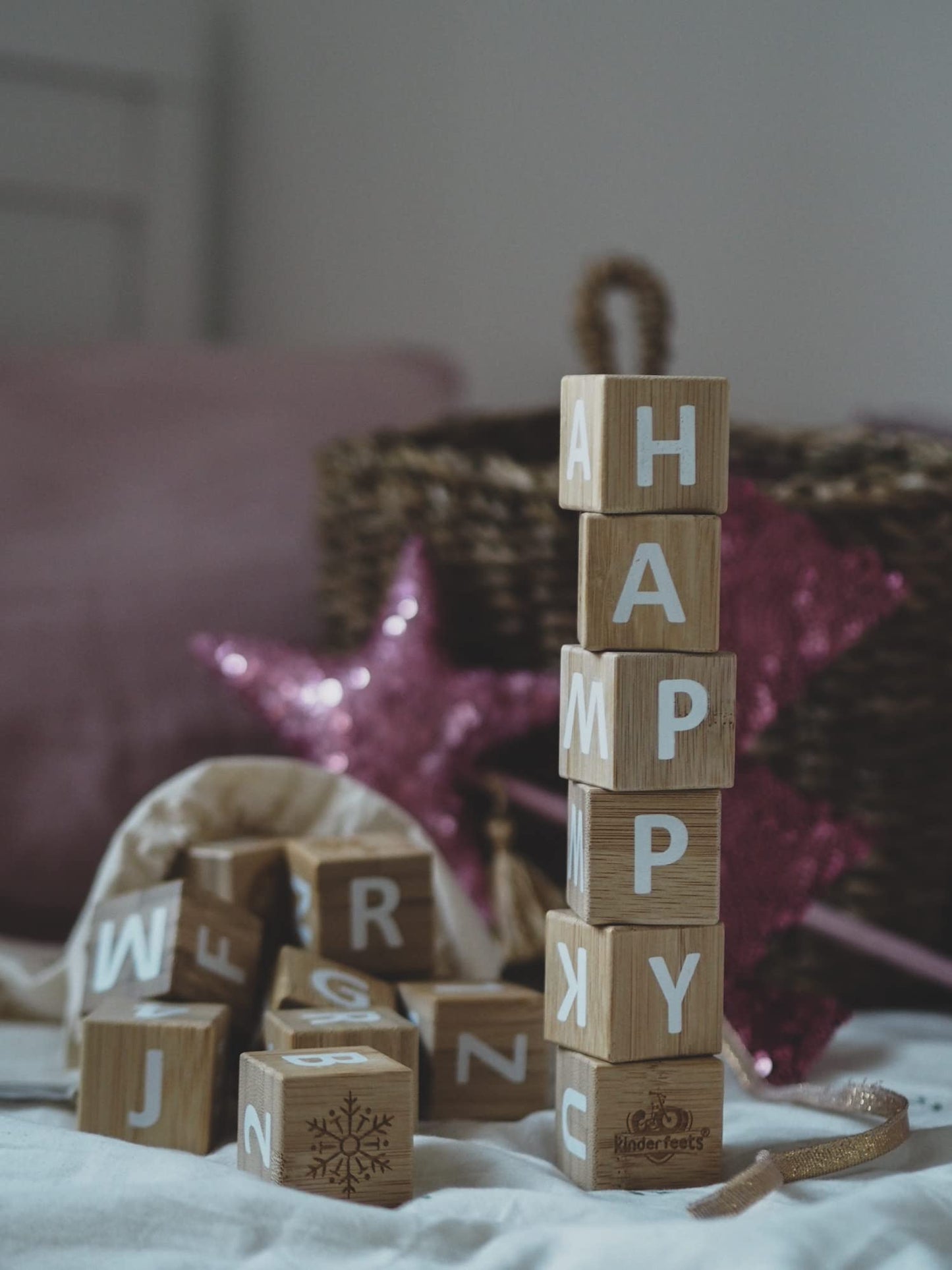 Kinderfeets Bamboo ABC Blocks 18pc – Educational Build & Stack Toy with Letters, Numbers & Symbols for Toddlers 12mo+