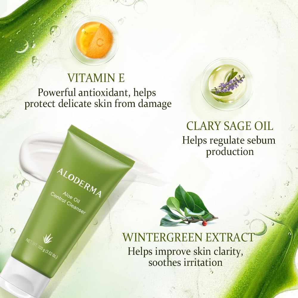 Aloderma Oil Controlling Facial Cleanser Made within 12 Hours of Harvest with Organic Aloe Vera - Clear Breakouts - Wintergreen to Help Purify