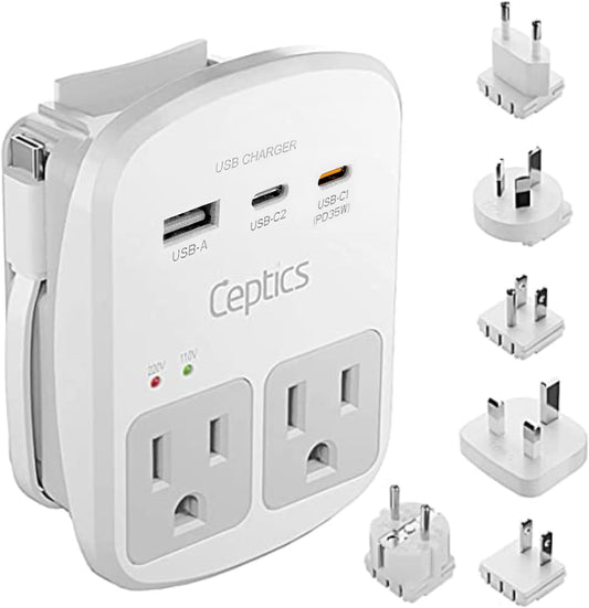 Ceptics Universal Travel Adapter Kit – 2 USA Sockets, USB-A, USB-C PD 35W + Cable, Surge Protected Plugs for EU, UK, AU, China, Japan, ETL Tested