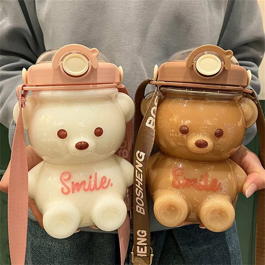 Kawaii Bear Straw Bottle, Large Kawaii Bear Shaped Water Bottle with Straw and Carrying Loop Adjustable Shoulder Strap, Cute Portable Water Bottles