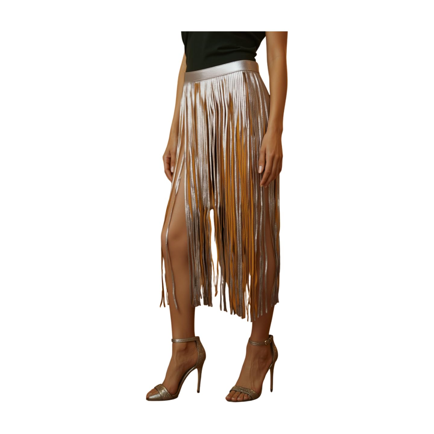 Women Skirt Fashion Belt - Wrap Around Long Faux Leather Waistband Fringes Tassel XS S Beige Silver