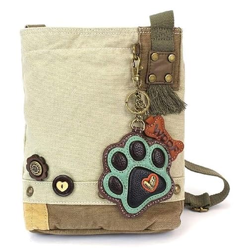 CHALA Womens' Canvas Patch Crossbody Handbag with Keyfob- Sand (Teal Paw Print Sand)