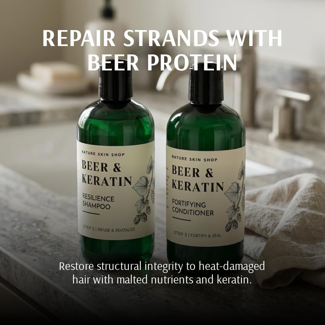 Nature Skin Shop Beer Shine Keratin Shampoo and Conditioner Set - Strengthening & Volumizing Duo for Damaged, Dull Hair - Restores a Luminous Look